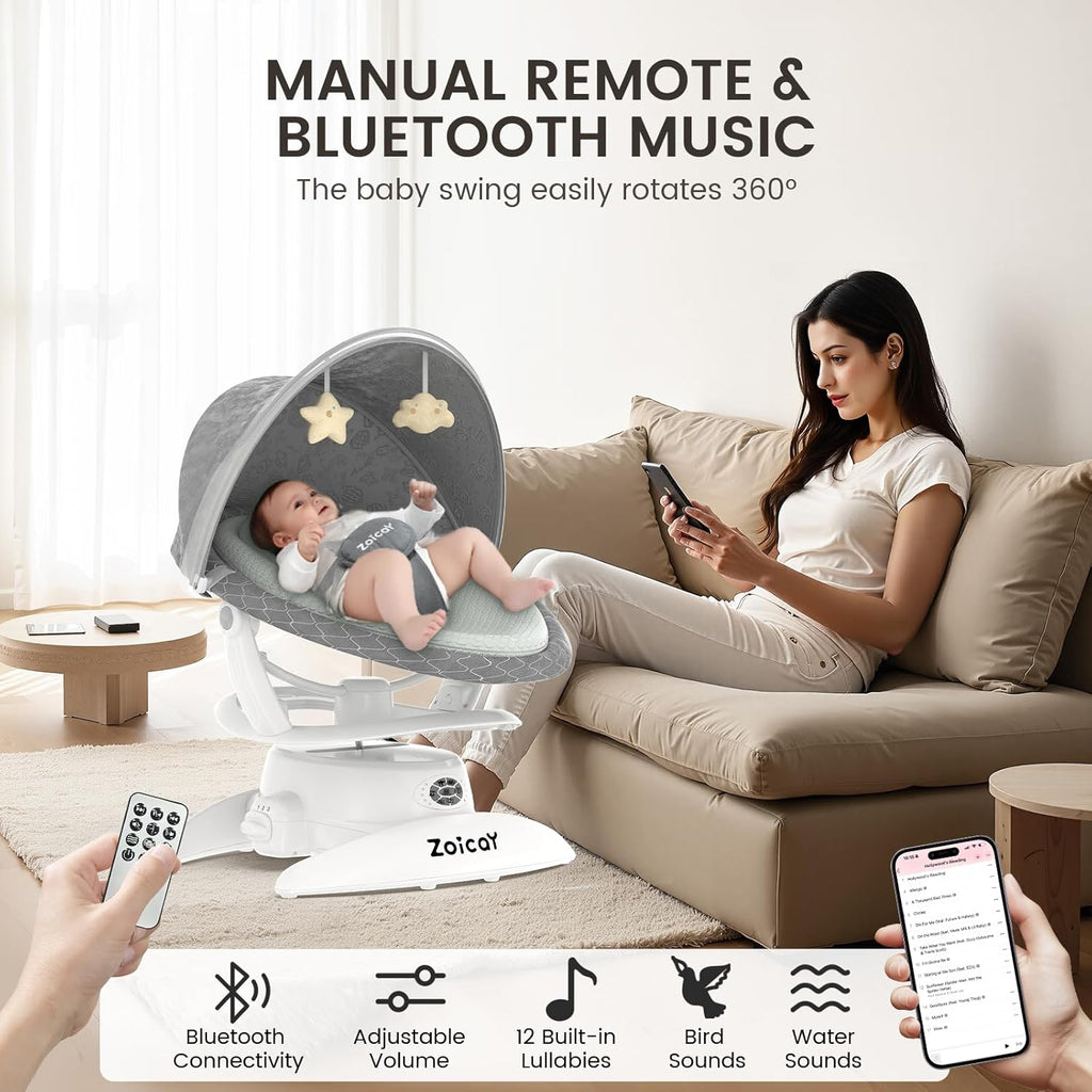 MamaSolved™ Smart Bluetooth Baby Swing – Motion Sensing & Remote Controlled (Ultra-Lightweight)