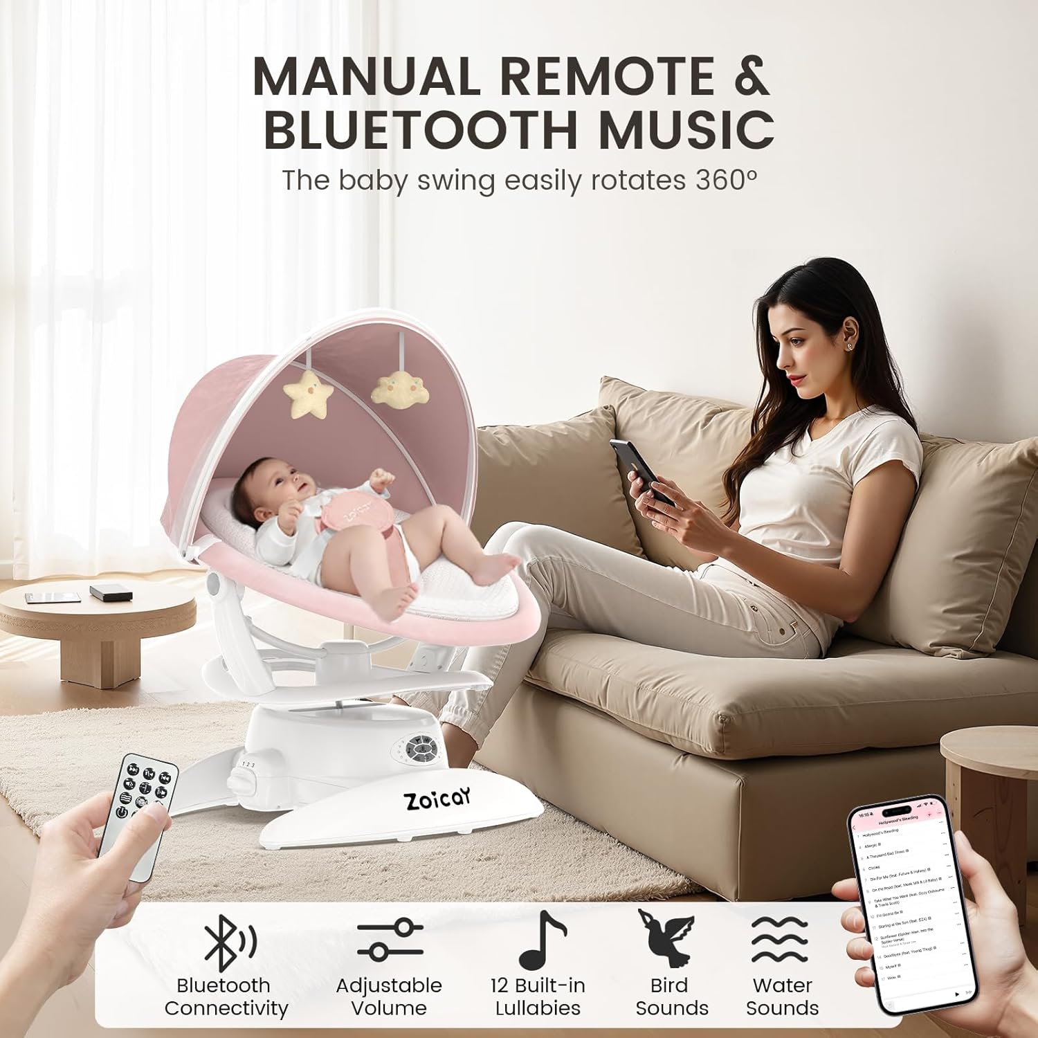 MamaSolved™ Smart Bluetooth Baby Swing – Motion Sensing & Remote Controlled (Ultra-Lightweight)